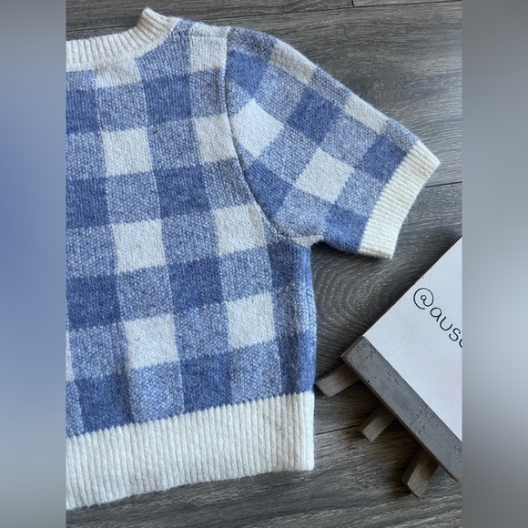 Debut Super Soft Blue & White Checked Crewneck Cropped Sweater Top. Size S/M - Picture 6 of 12